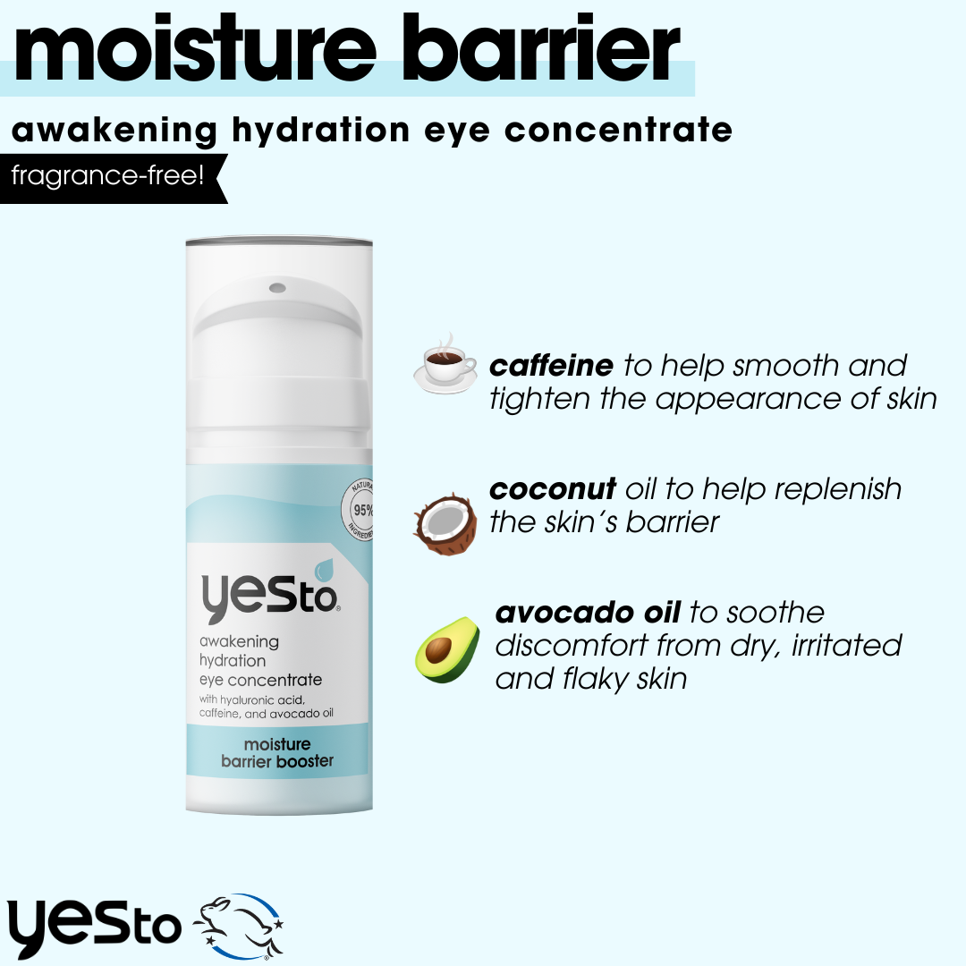 moisture barrier booster awakening hydration eye concentrate with hyaluronic acid, caffeine, and avocado oil