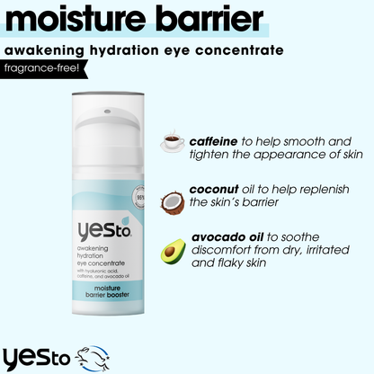 moisture barrier booster awakening hydration eye concentrate with hyaluronic acid, caffeine, and avocado oil